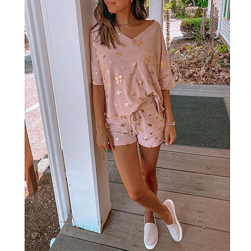 Five Pointed Star Printed Short Sleeved Home Suit for Women CD622