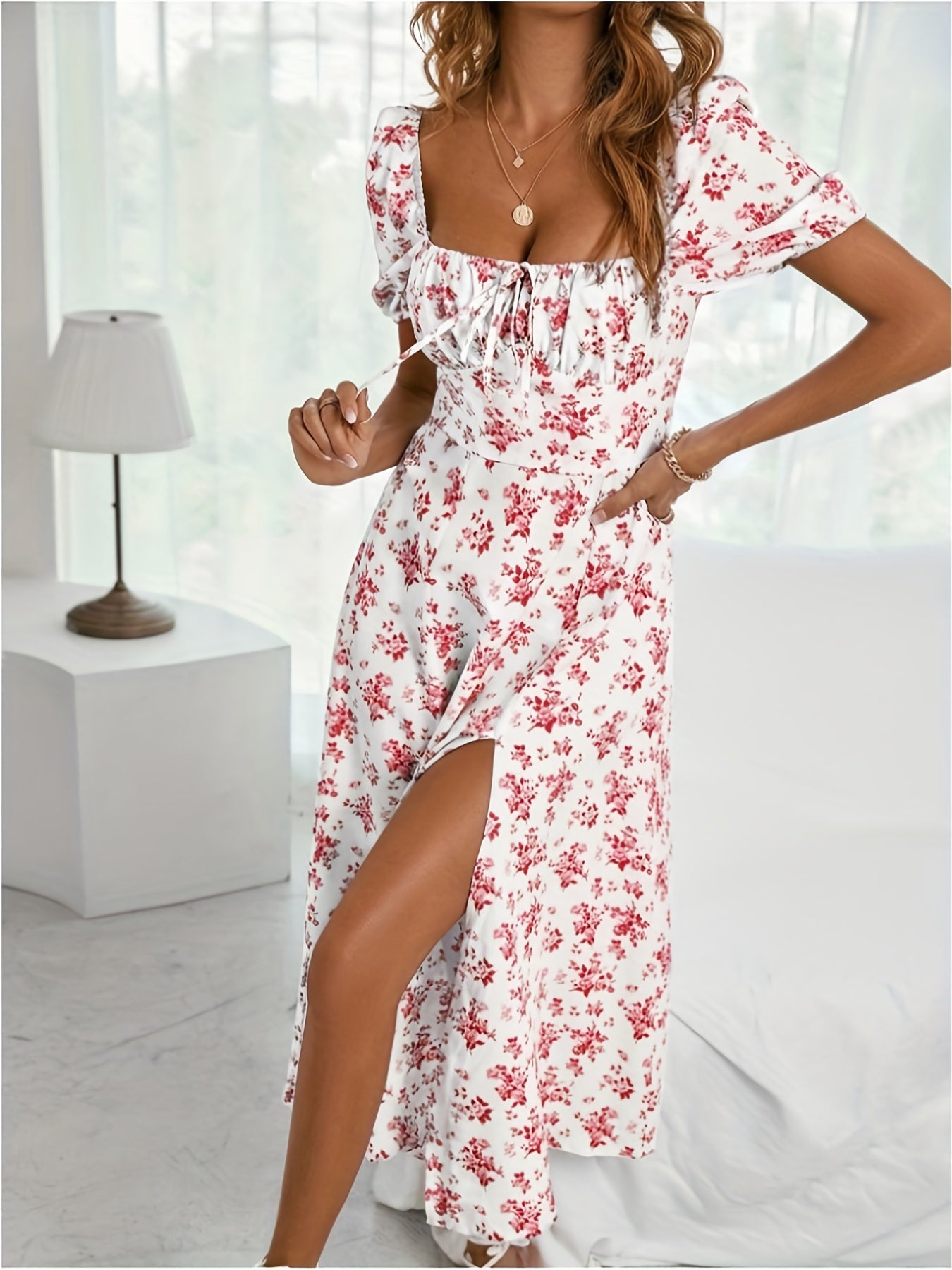Floral Print Split Backless Boho Square Neck Dress CD203
