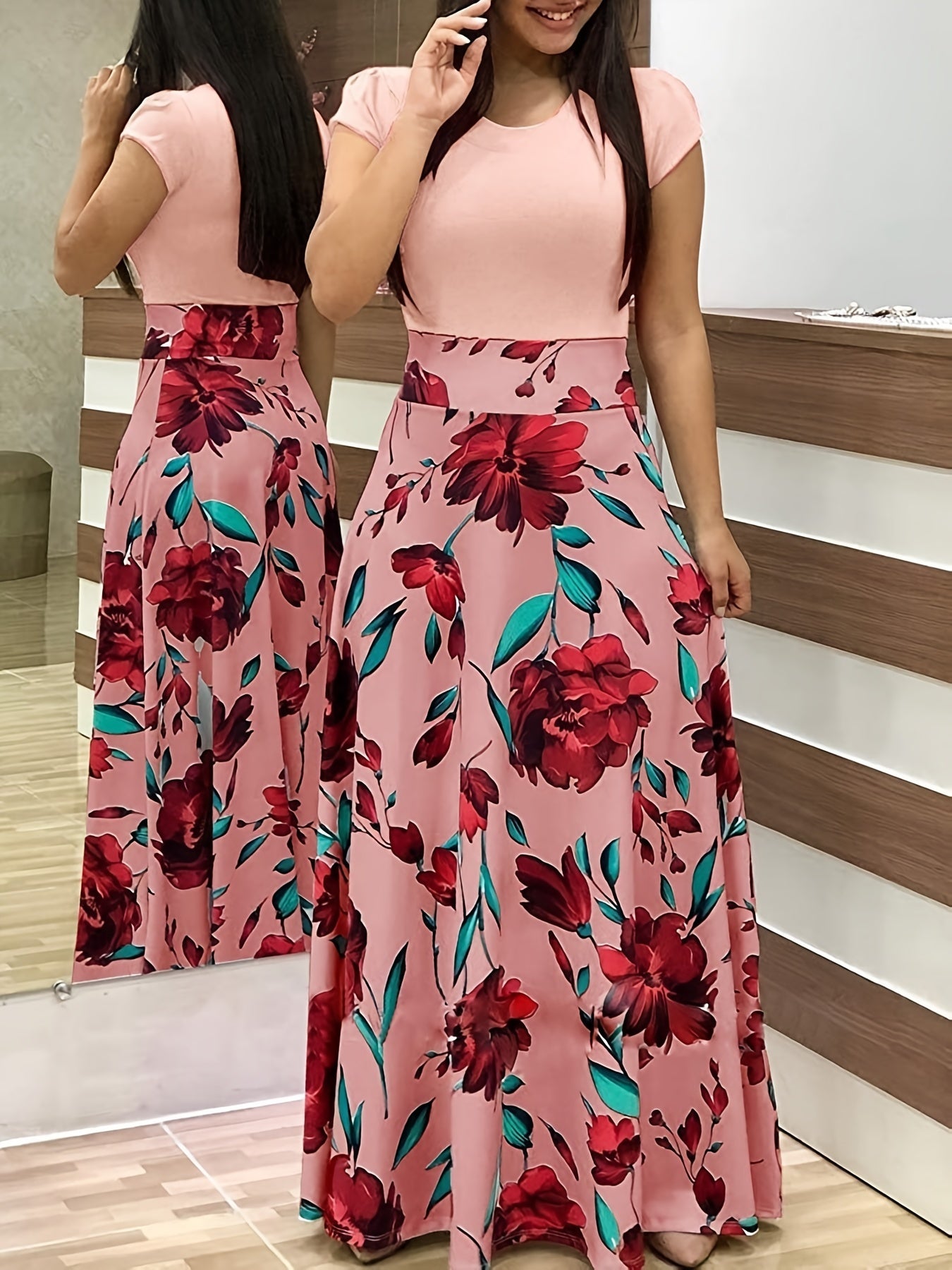 Printed Splicing Crew Neck  Slim Waist Pleated Maxi Dress CD178