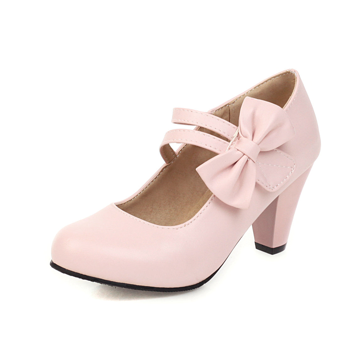 Lolita Kitten Bowknot Ankle Straps Round Toe Pumps Pink CD427