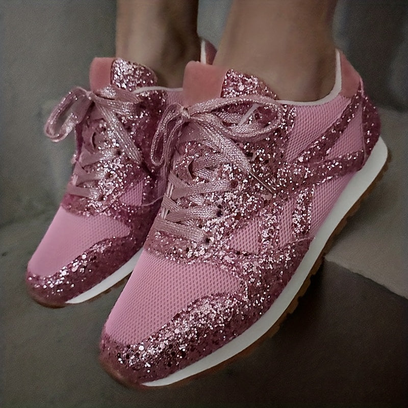 Women's Glitter Sequins Sports Mesh Lace Up Sneakers CD409