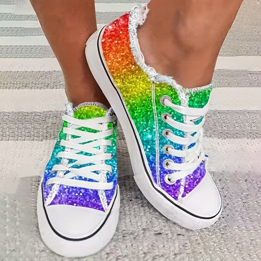 Women's Glitter Rainbow Print Canvas Lace Up Sneakers CD415