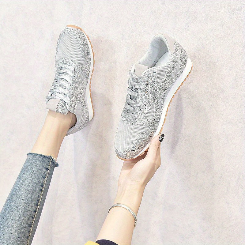 Women's Glitter Sequins Sports Mesh Lace Up Sneakers CD409