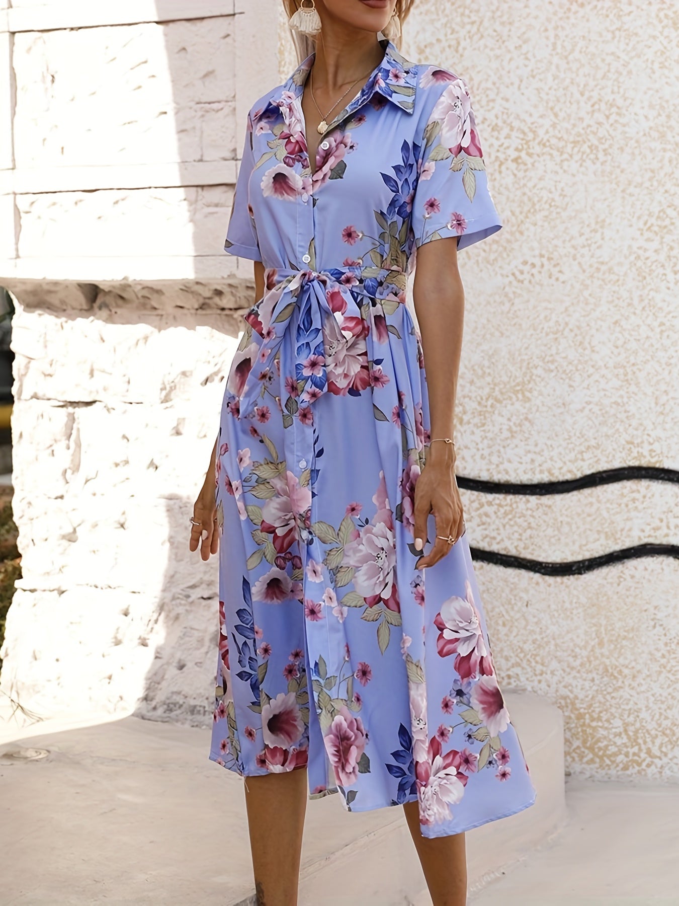 Floral Print Shirt Boho Button Front Short Sleeve Dress CD198