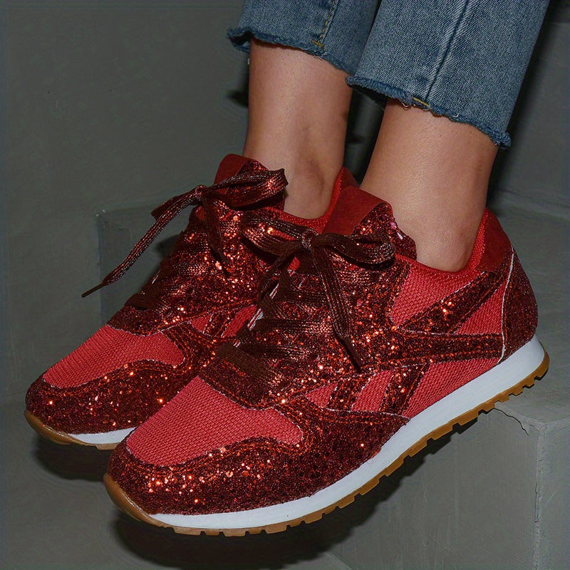 Women's Glitter Sequins Sports Mesh Lace Up Sneakers CD409
