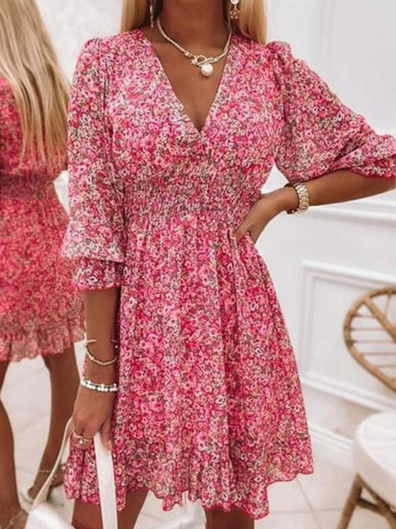 Floral Ruched Waist V-Neck Puff Sleeve Boho Dress CD188