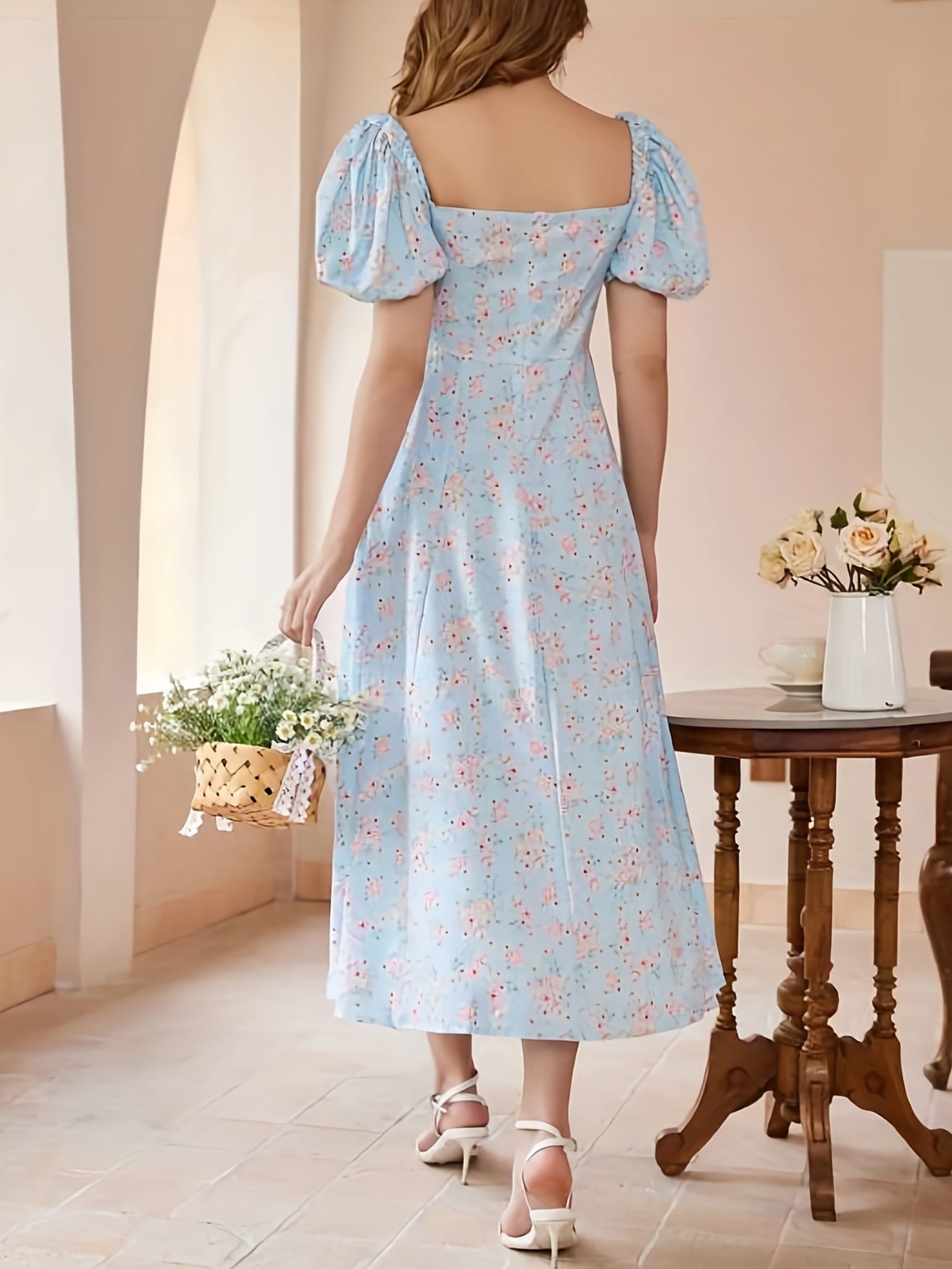 Floral Print Split Backless Boho Square Neck Dress CD203