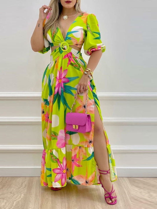 Women's V Neck Cutout Vintage Floral Print Long Dress CD202