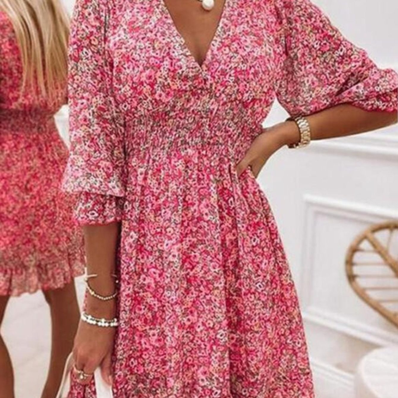 Floral Ruched Waist V-Neck Puff Sleeve Boho Dress CD188