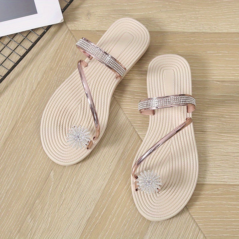 Women's Flower Rhinestone Flat Flip Flops Beach Slippers CD429