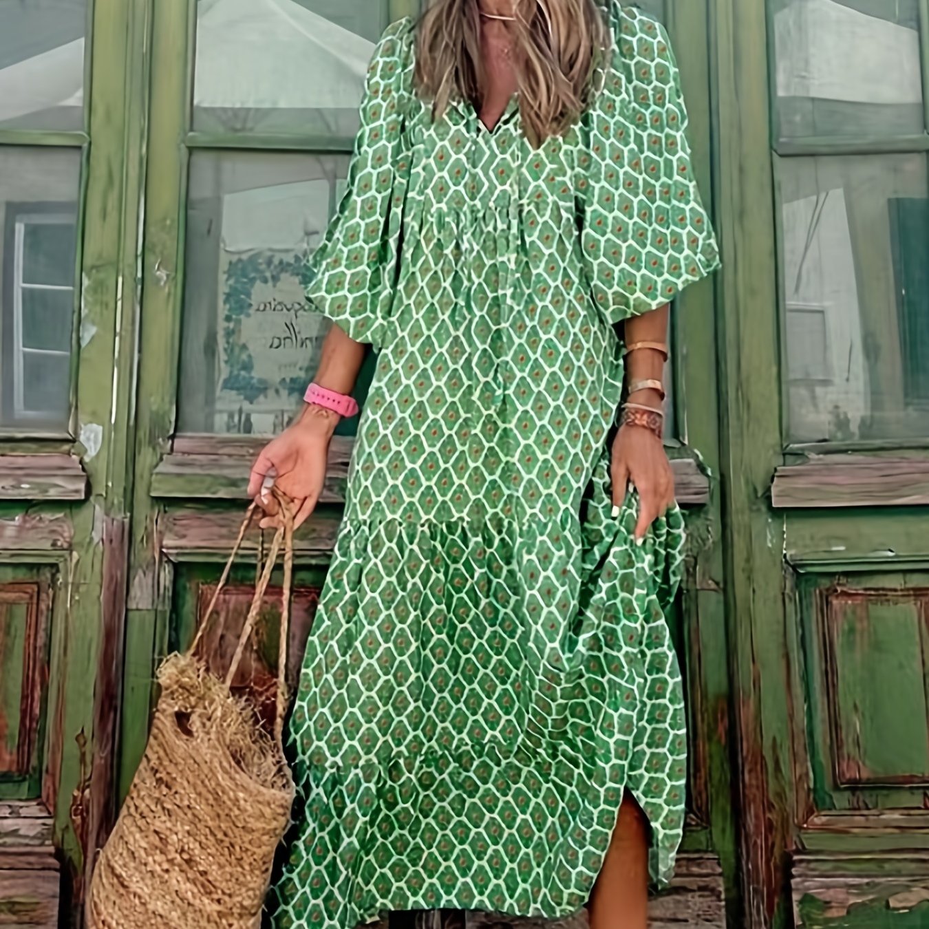 Full Printed Boho Puff Sleeve Maxi Loose Dress CD180