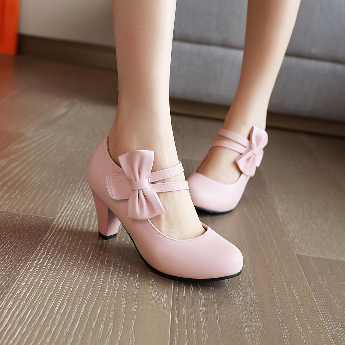 Lolita Kitten Bowknot Ankle Straps Round Toe Pumps Pink CD427