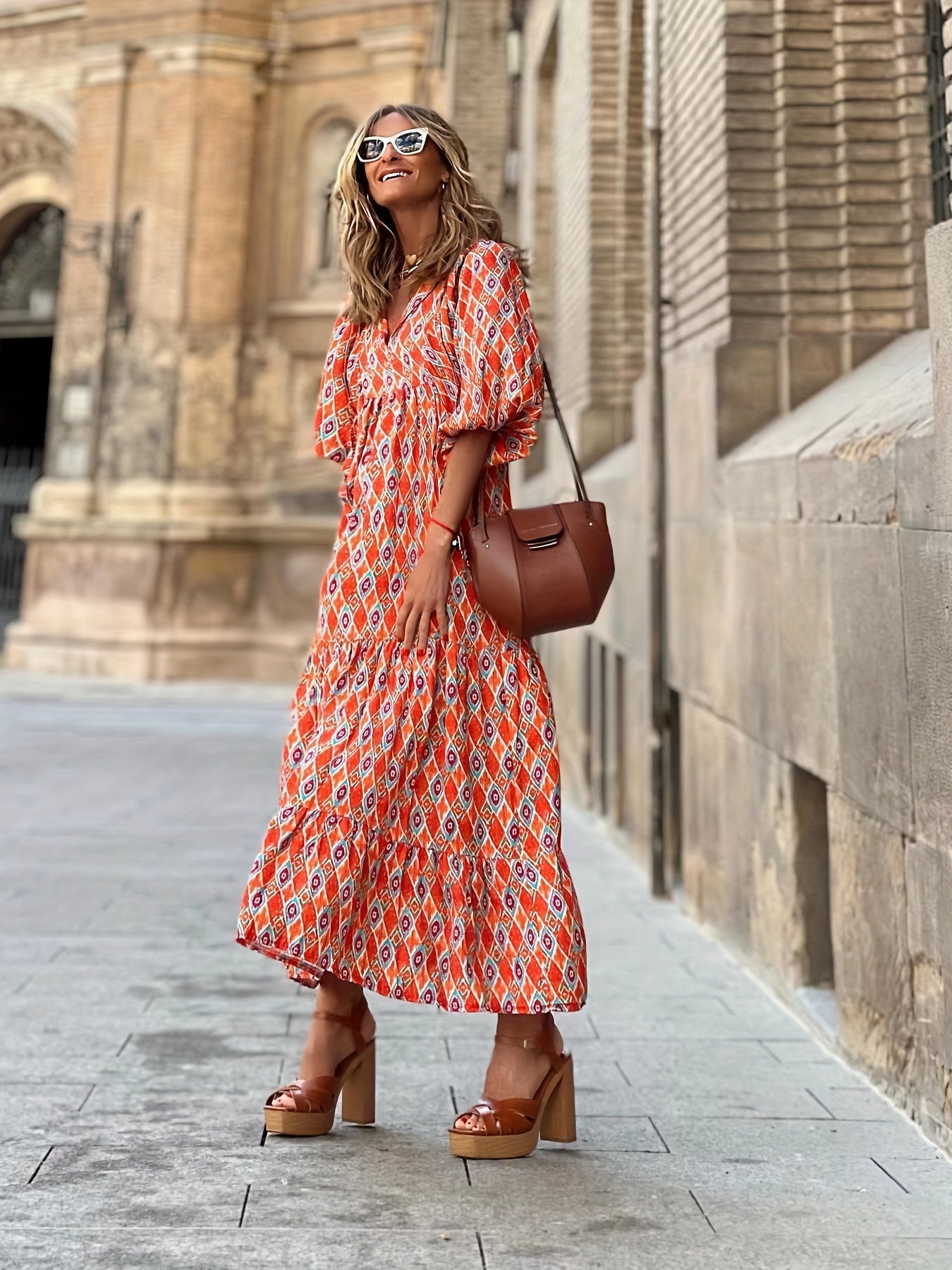 Full Printed Boho Puff Sleeve Maxi Loose Dress CD180