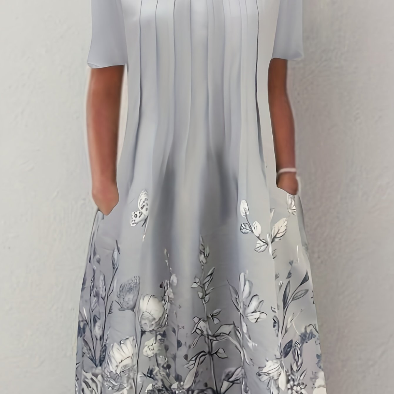 Floral Print Pleated Dual Pockets Dress CD189