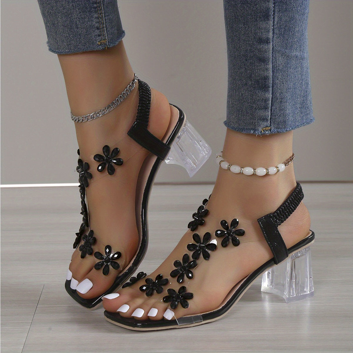 Women's Flower Rhinestone Block Heel Sandals CD428