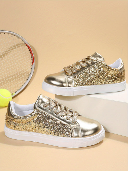 Women's Glitter Flat Lace Up Low Top Sneakers CD412