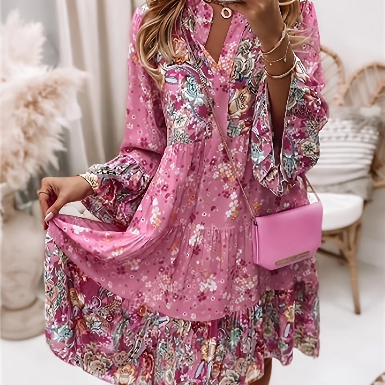 Floral Print Ruffle Hem Boho Holiday V-neck Dress CD186