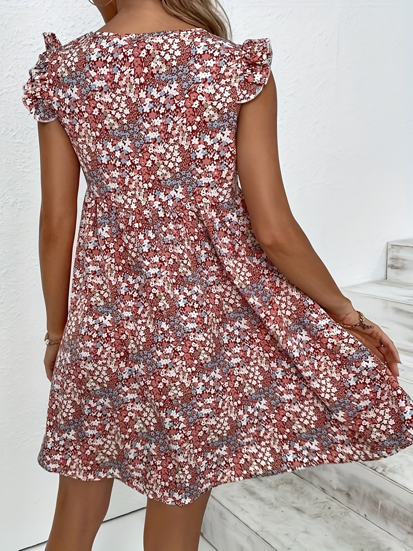 Ditsy Floral Print Boho Ruffle Trim V Neck Sleeveless Dress CD194
