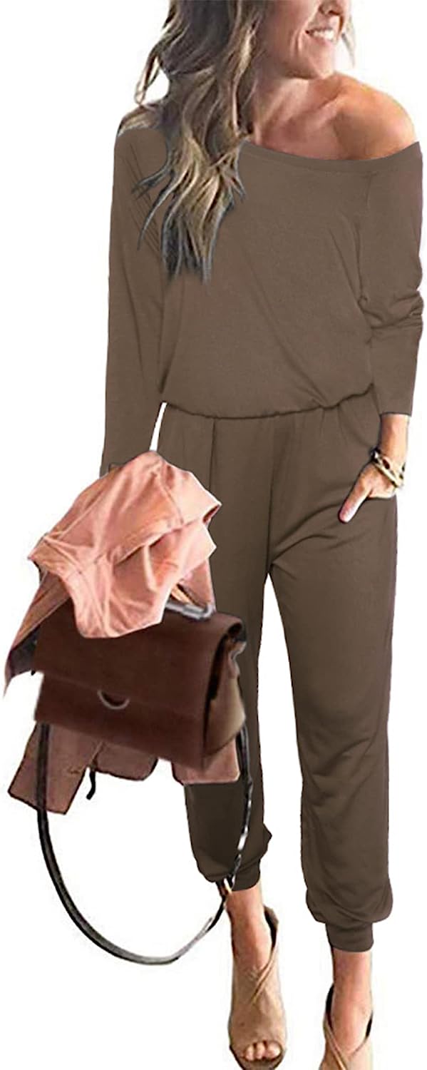 Women's Crewneck Off Shoulder Stretchy Jumpsuit CD462