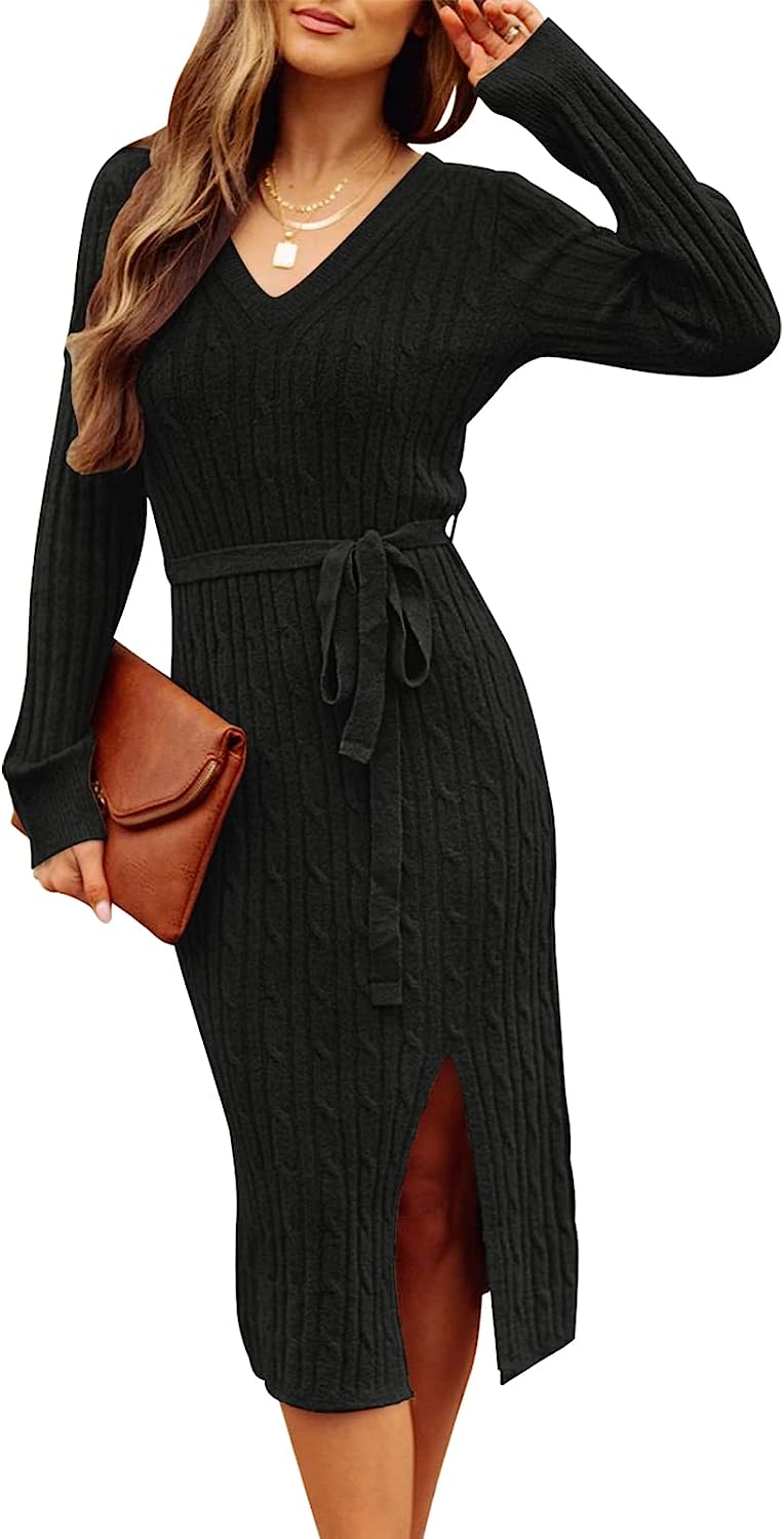 Women's V Neck Cable Knit Sweater Dress Pullover CD457