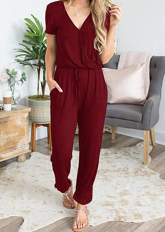 Women's Deep V Neck Drawstring Waist Jumpsuit CD496