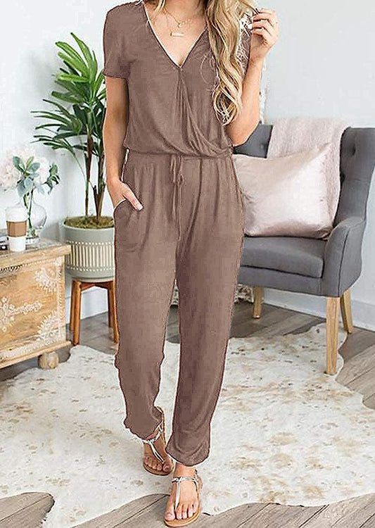 Women's Deep V Neck Wrap Drawstring Jumpsuit CD475