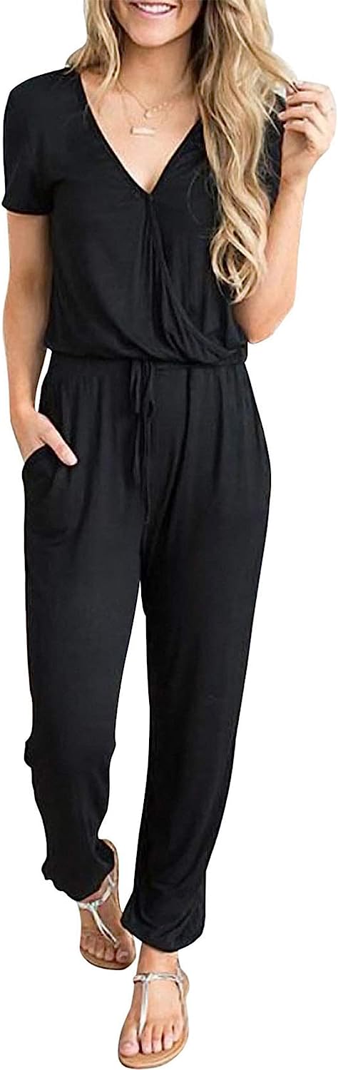 Women's Deep V Neck Wrap Drawstring Jumpsuit CD475