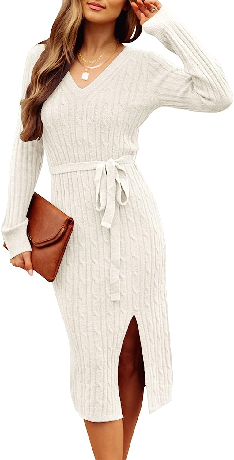 Women's V Neck Cable Knit Sweater Dress Pullover CD457