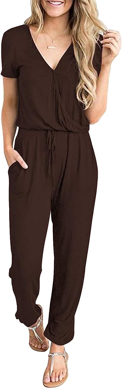 Women's Deep V Neck Wrap Drawstring Jumpsuit CD475