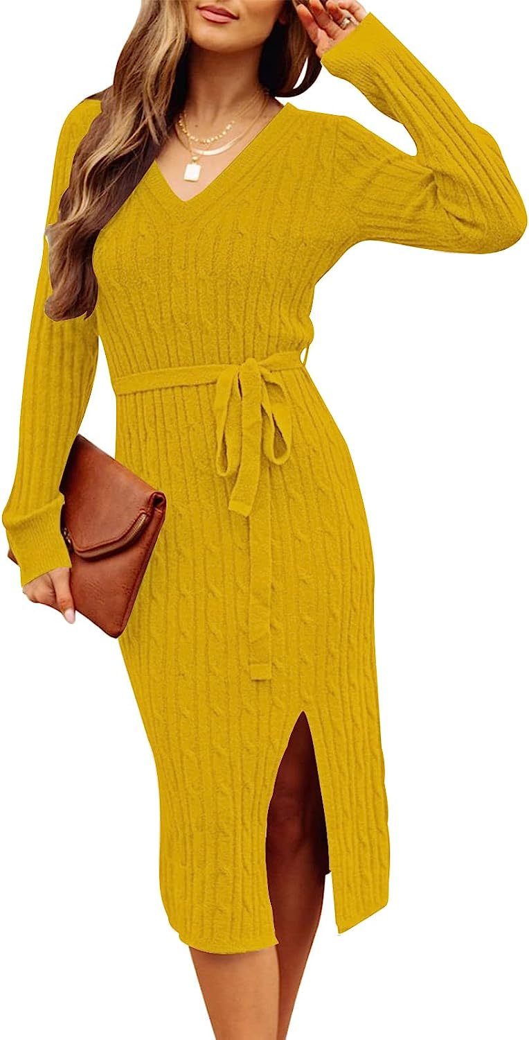 Women's V Neck Cable Knit Sweater Dress Pullover CD457