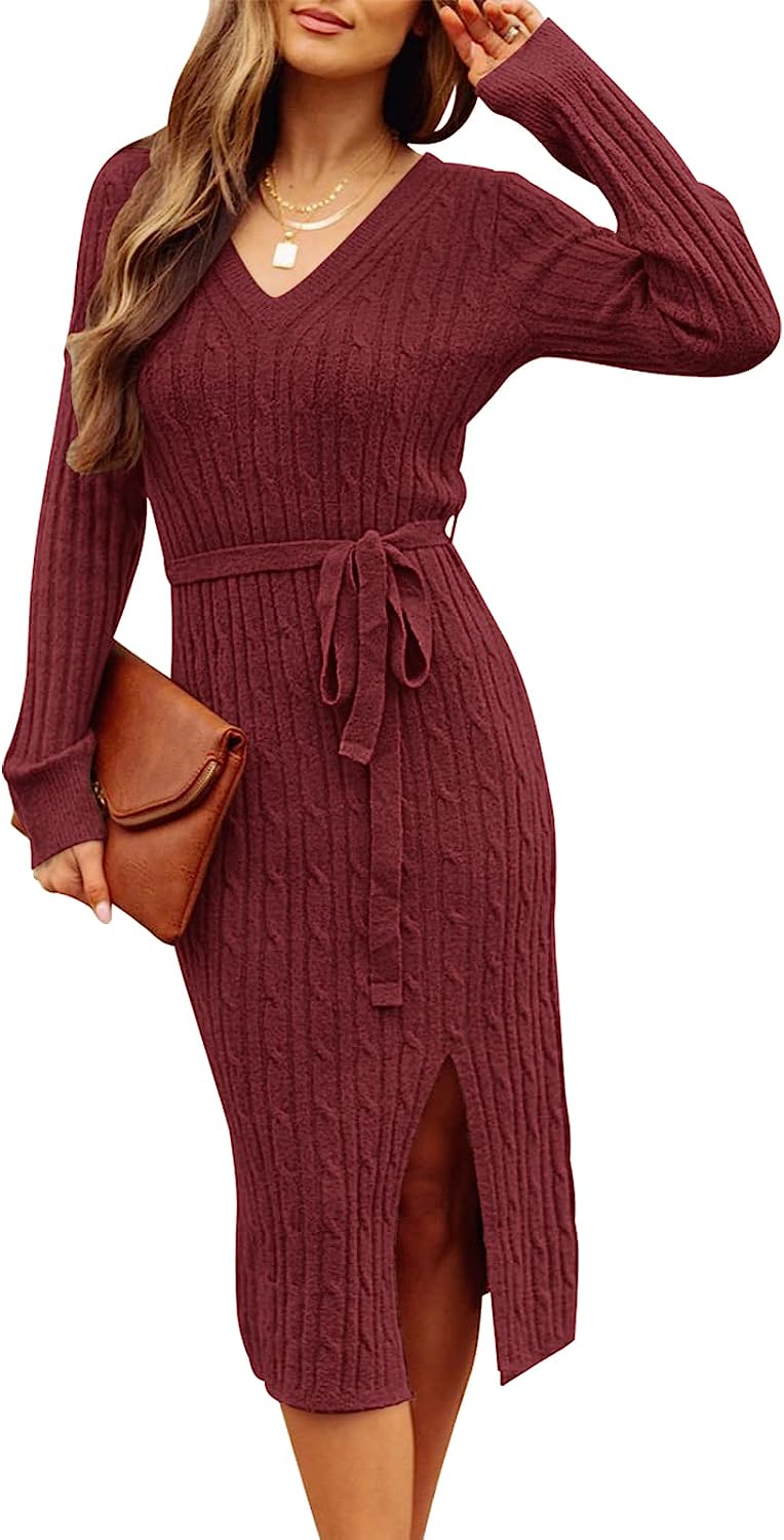 Women's V Neck Cable Knit Sweater Dress Pullover CD457