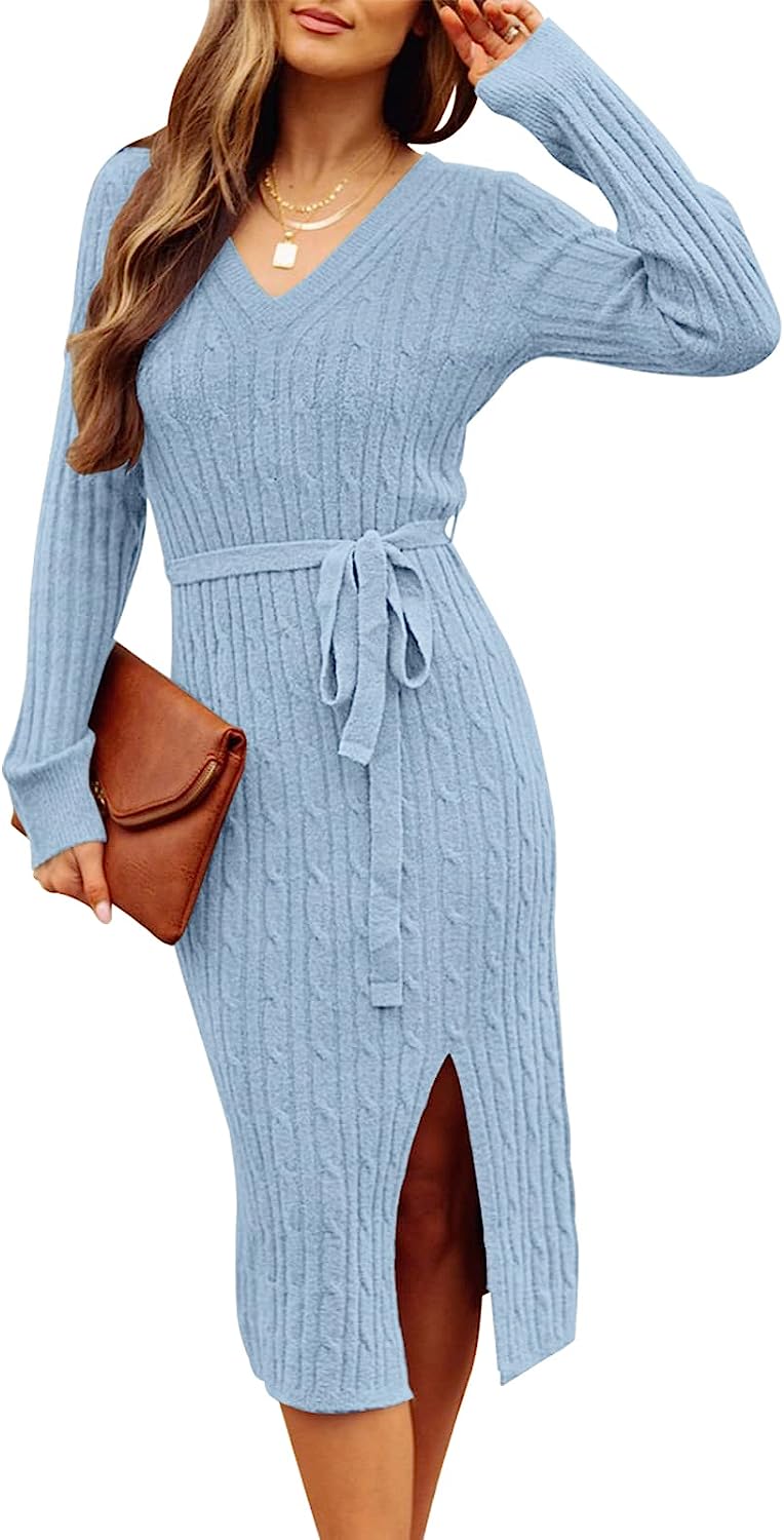 Women's V Neck Cable Knit Sweater Dress Pullover CD457