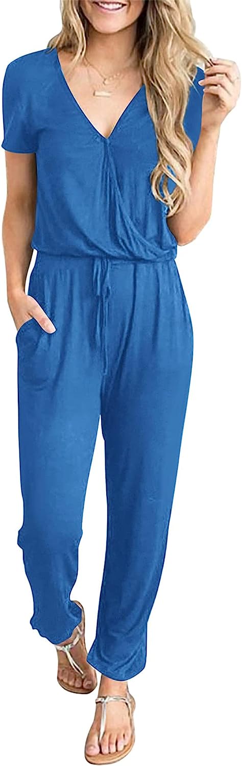 Women's Deep V Neck Wrap Drawstring Jumpsuit CD475