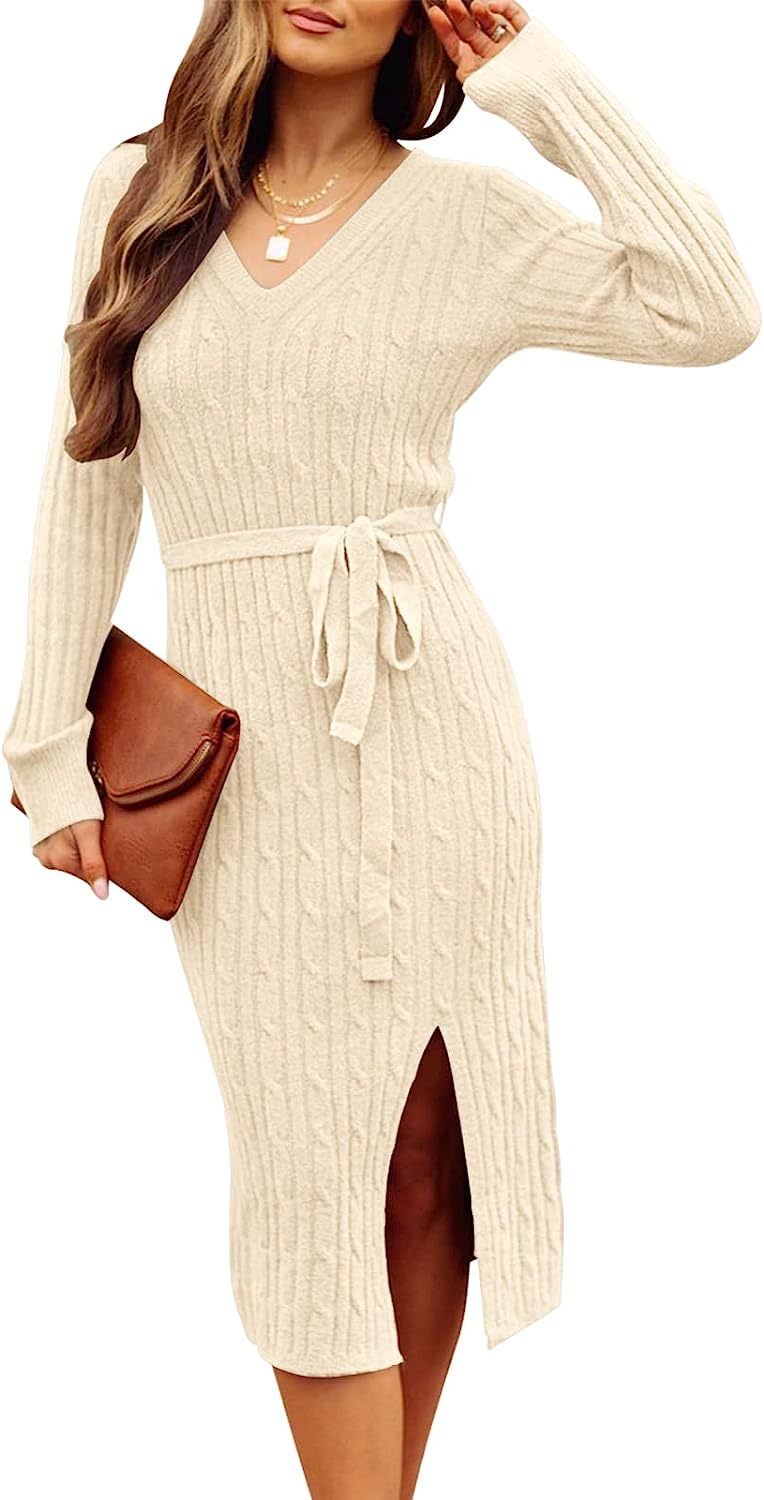 Women's V Neck Cable Knit Sweater Dress Pullover CD457