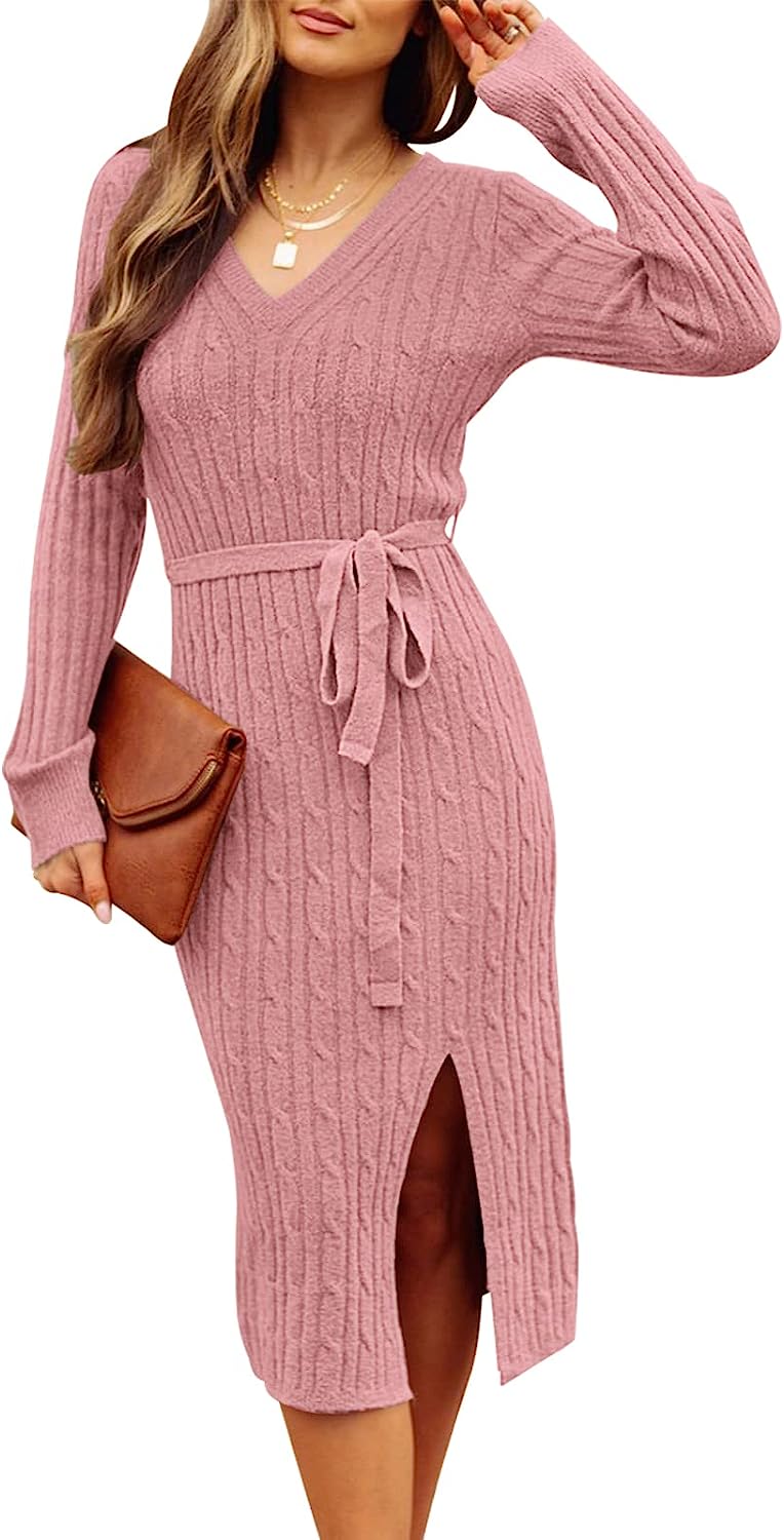 Women's V Neck Cable Knit Sweater Dress Pullover CD457