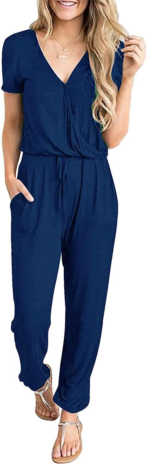 Women's Deep V Neck Wrap Drawstring Jumpsuit CD475