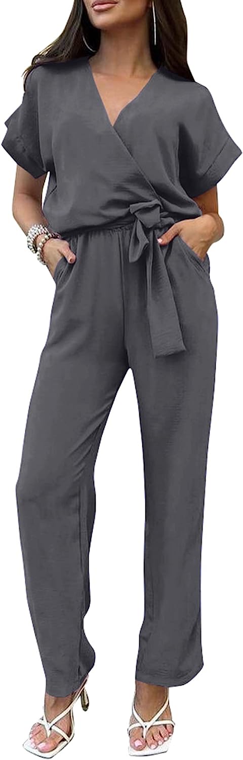 Women's Wrap V Neck Belted Wide Leg Pants Jumpsuit CD467