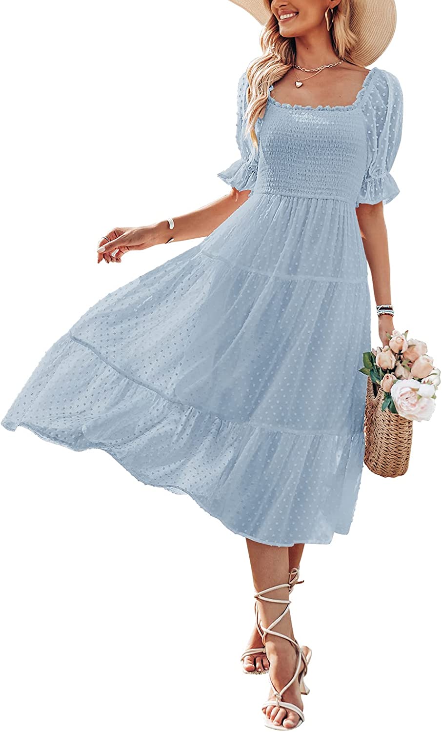 Women's Boho Swiss Dot Ruffle Flowy Tie Midi Dress CD444