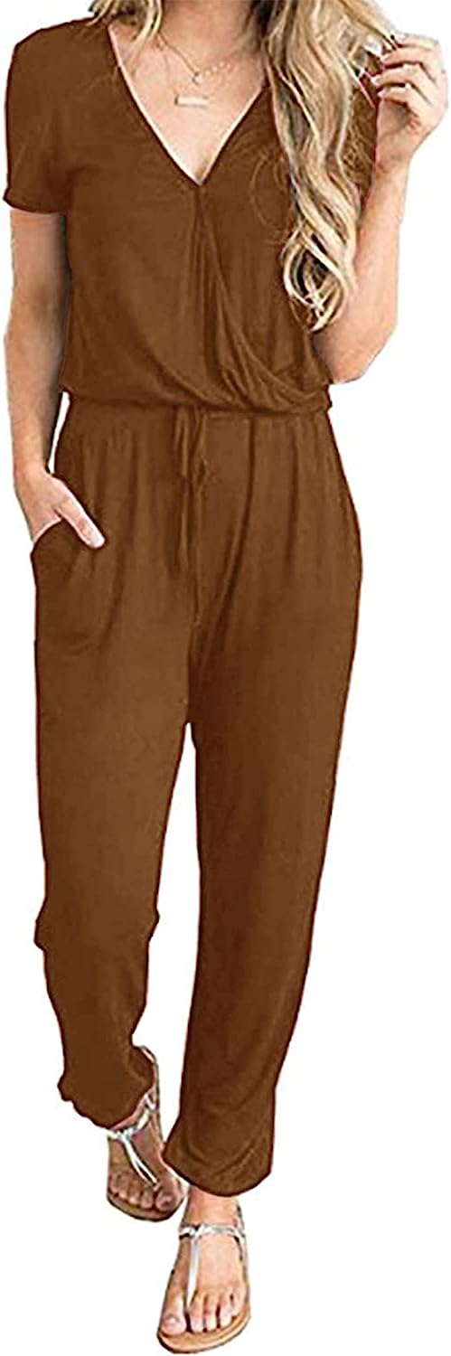 Women's Deep V Neck Wrap Drawstring Jumpsuit CD475