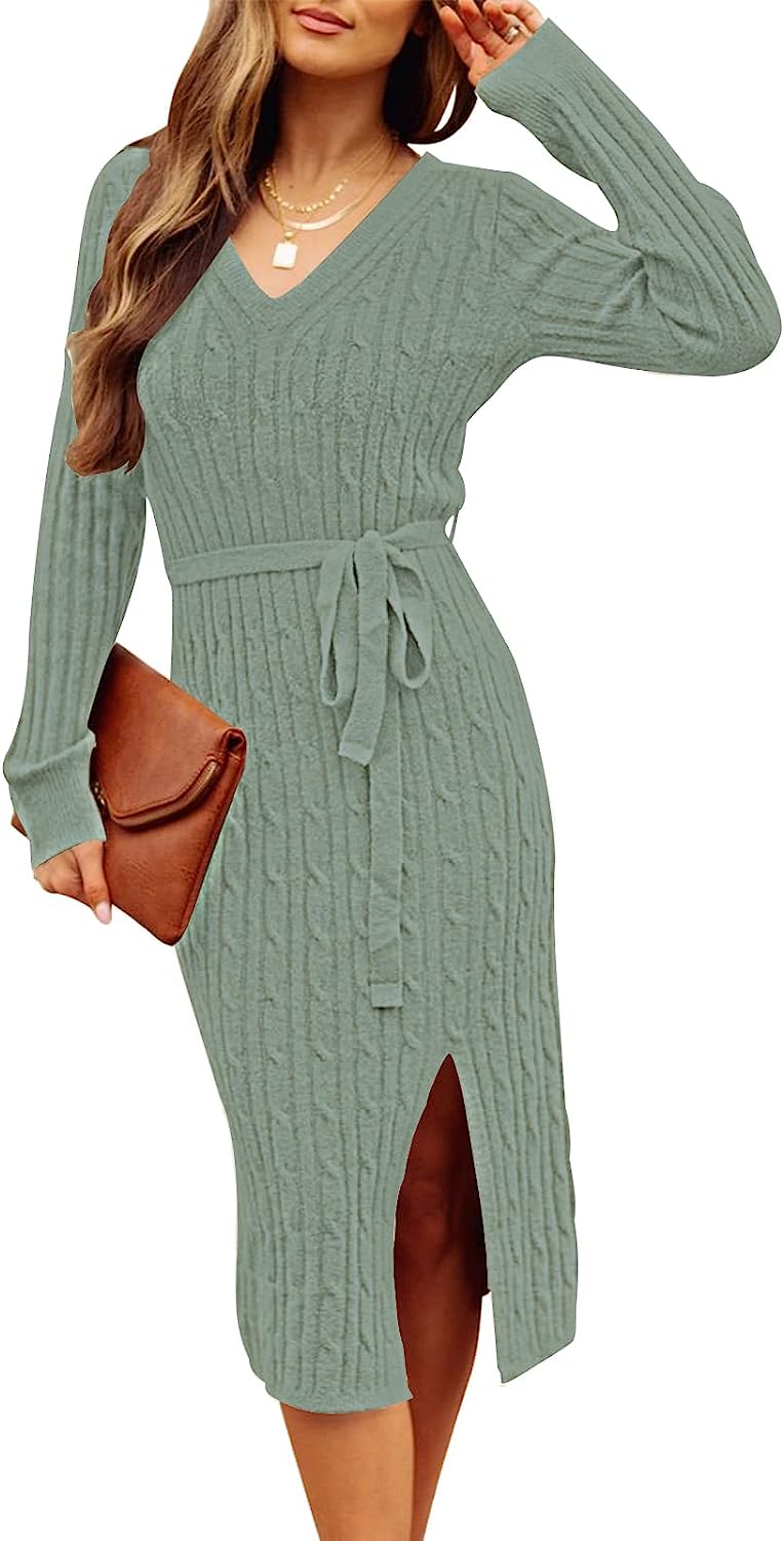 Women's V Neck Cable Knit Sweater Dress Pullover CD457