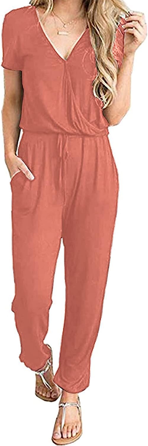 Women's Deep V Neck Wrap Drawstring Jumpsuit CD475