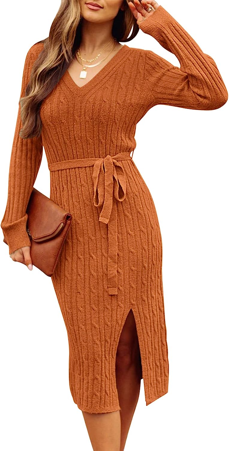 Women's V Neck Cable Knit Sweater Dress Pullover CD457