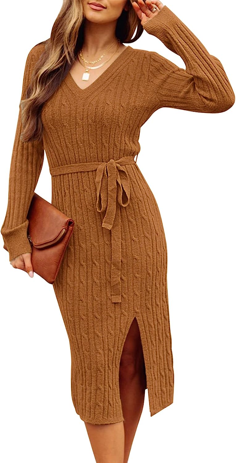 Women's V Neck Cable Knit Sweater Dress Pullover CD457