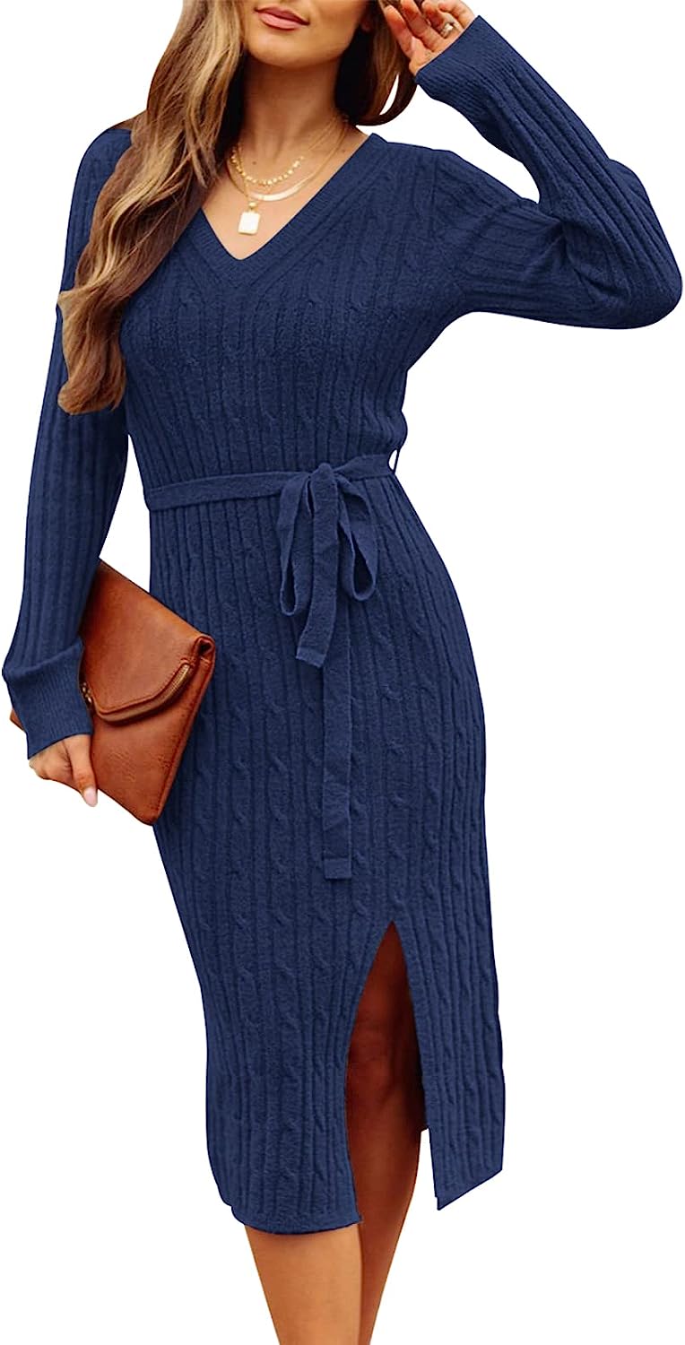 Women's V Neck Cable Knit Sweater Dress Pullover CD457