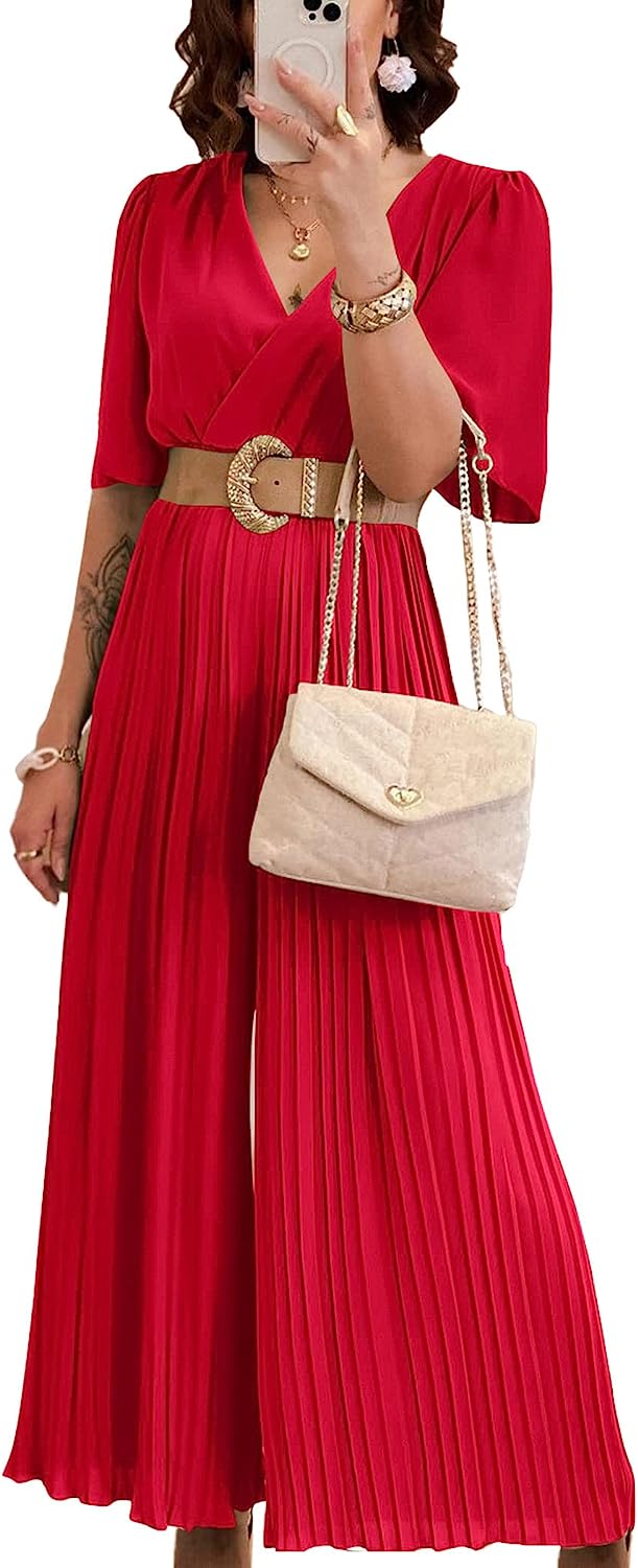 Women's Wrap Ruffle Sleeve Wide Leg One Piece Jumpsuit CD472
