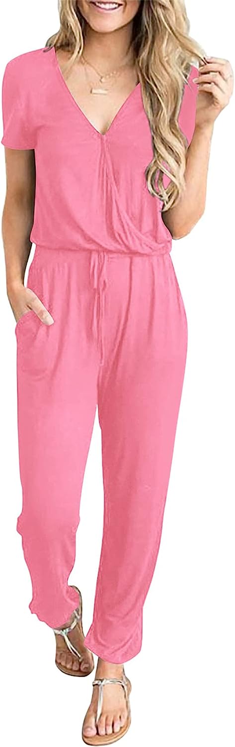 Women's Deep V Neck Wrap Drawstring Jumpsuit CD475