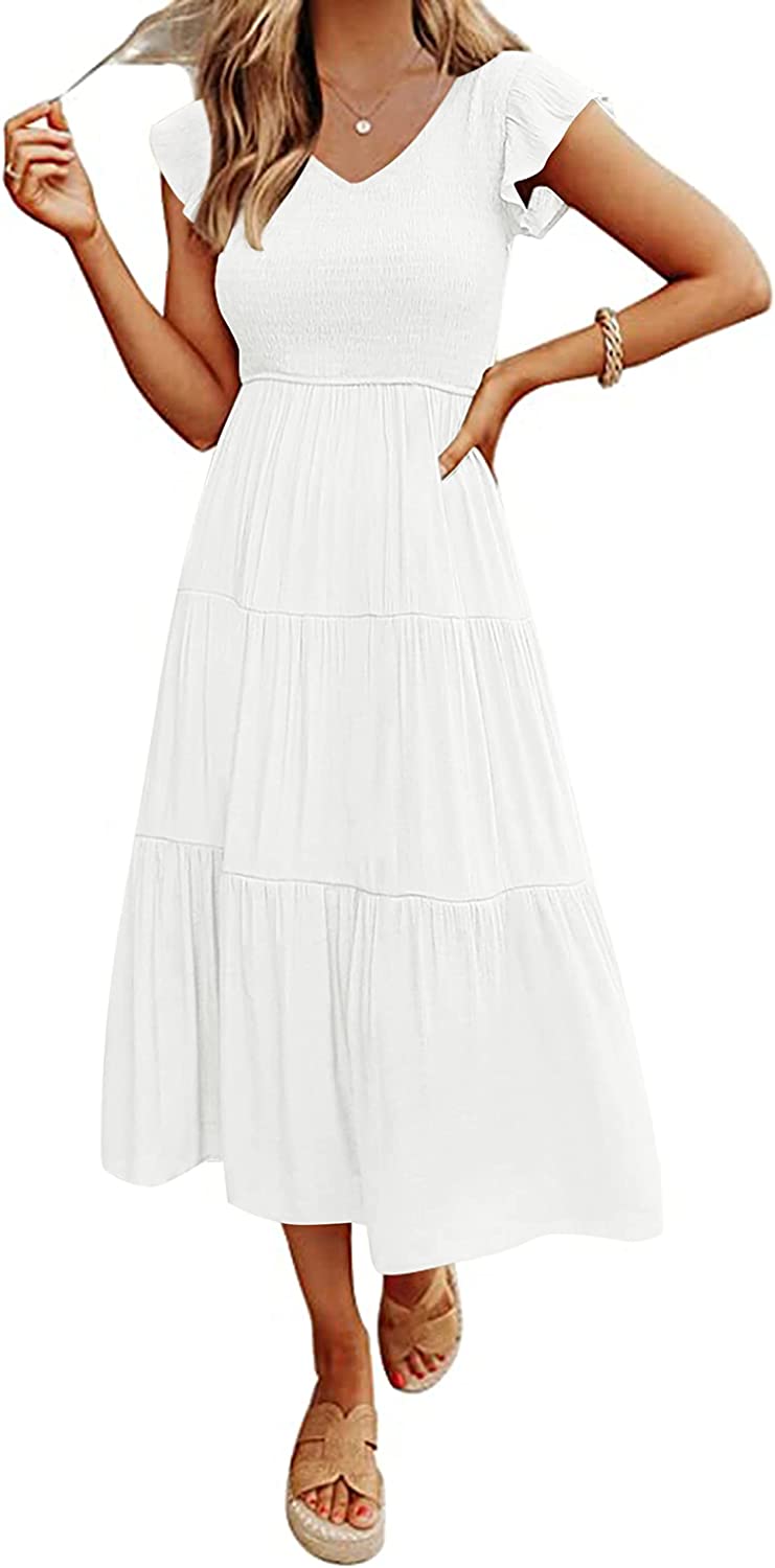 Women's Flutter Sleeve Smocked Midi Dress with Pockets CD442