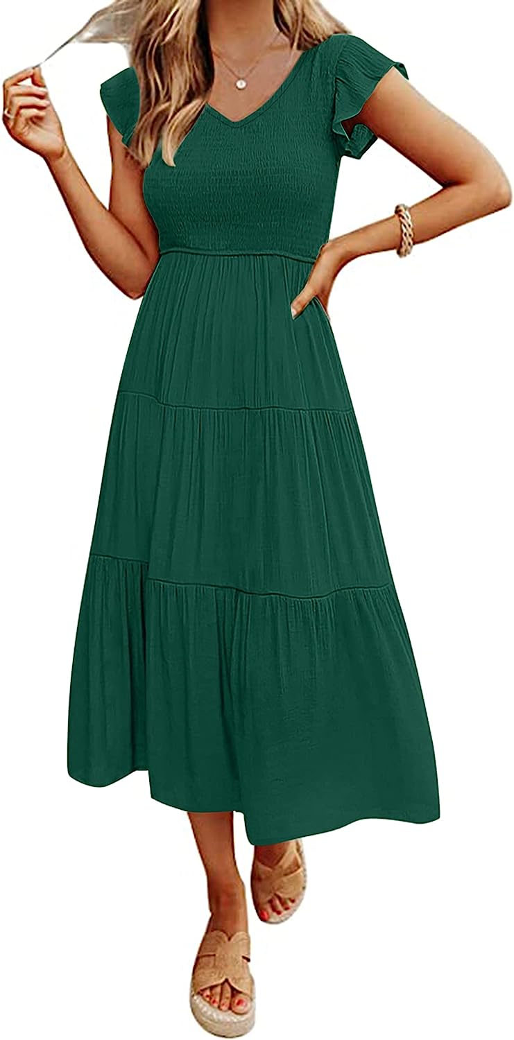 Women's Flutter Sleeve Smocked Midi Dress with Pockets CD447