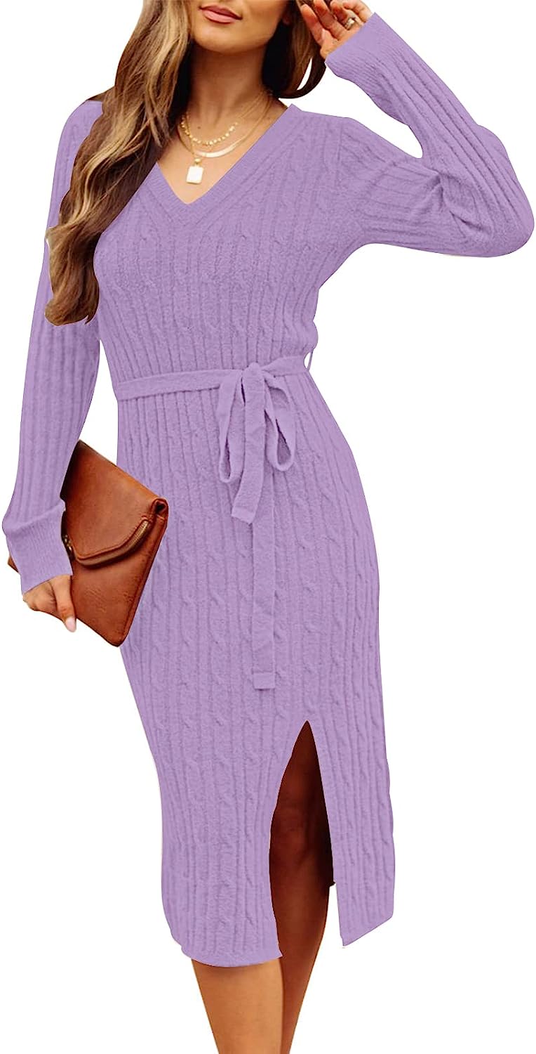 Women's V Neck Cable Knit Sweater Dress Pullover CD457