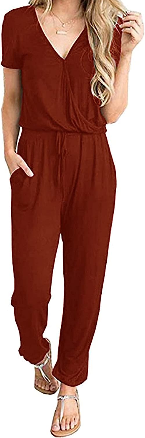 Women's Deep V Neck Wrap Drawstring Jumpsuit CD475
